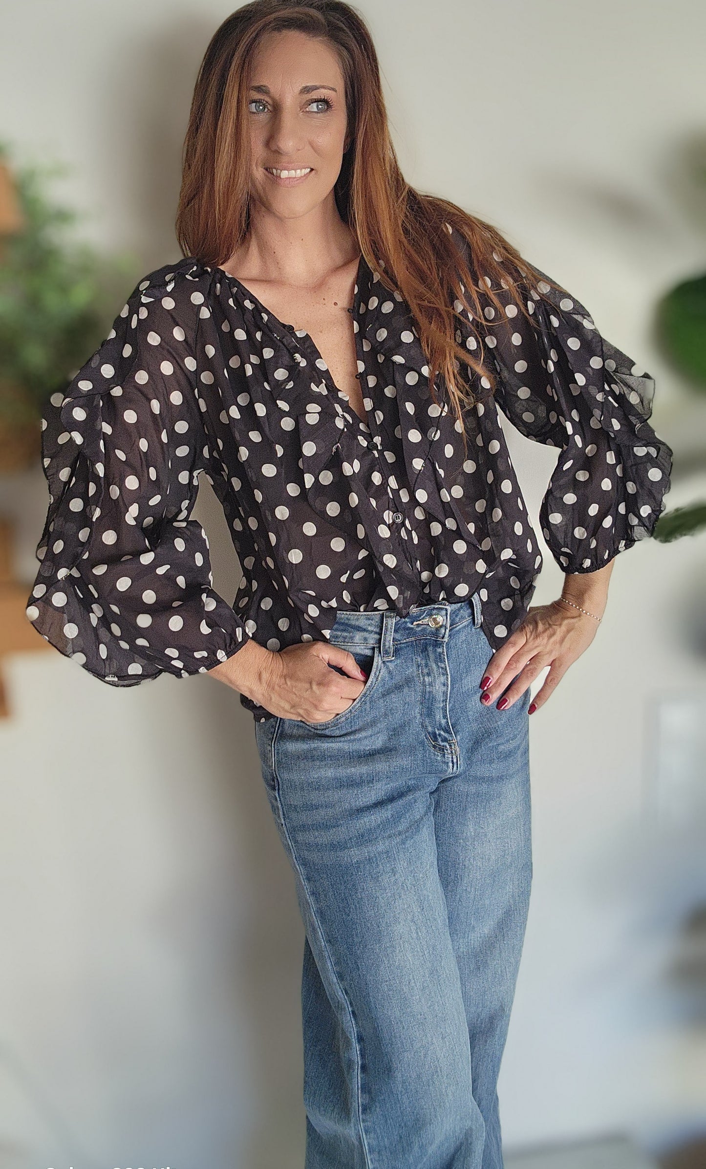 Chemisier volant "Sara" Noir à pois