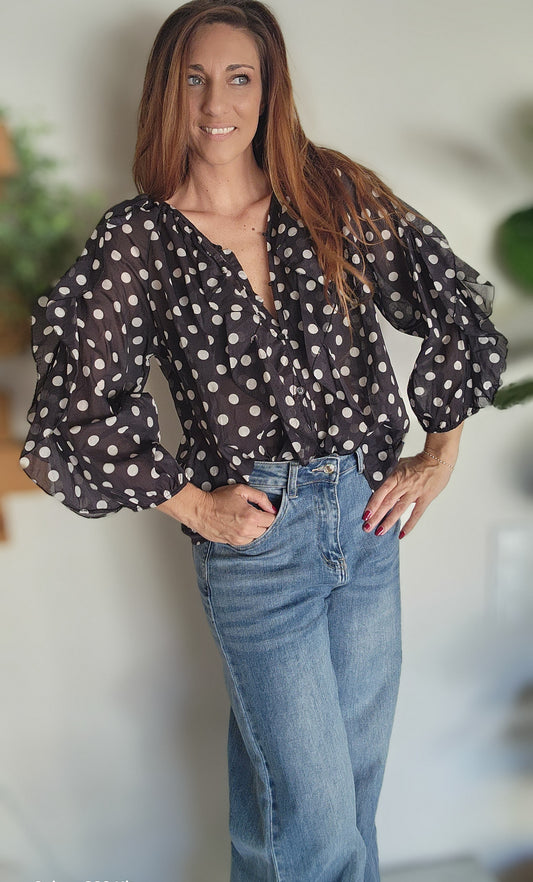 Chemisier volant "Sara" Noir à pois