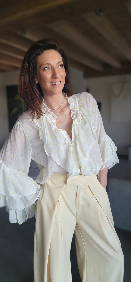 Chemise Volant IBIZA Ivoire / Cœur Jaune Pastel