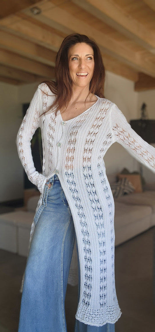 Gilet long / Robe Crochet TULUM Blanc