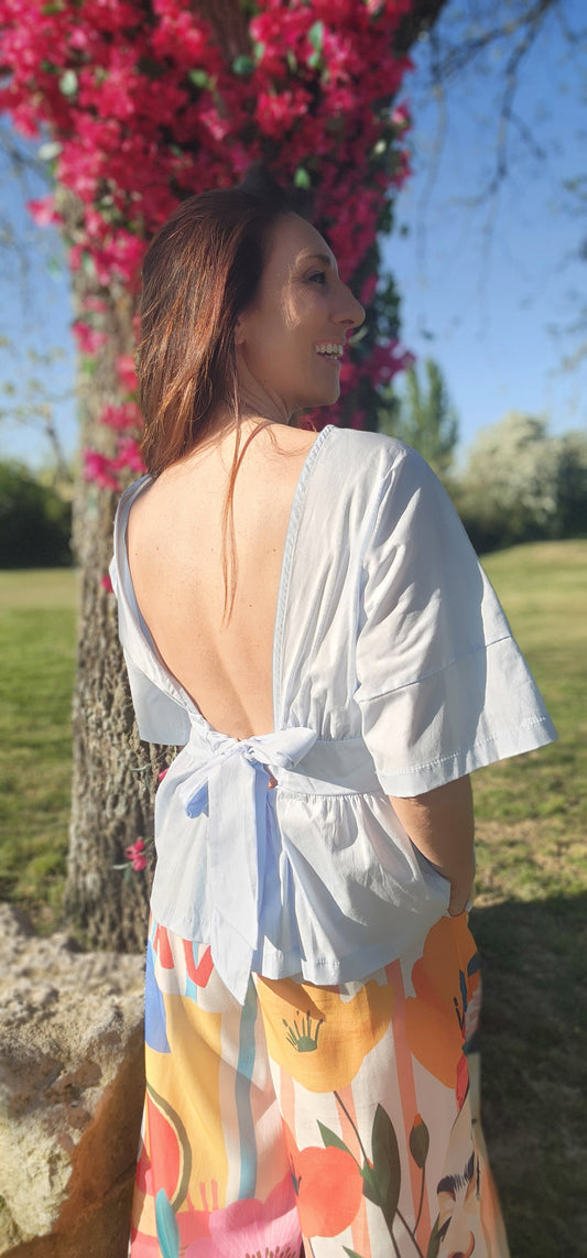 Blouse PENELOPE dos nu Bleu Ciel