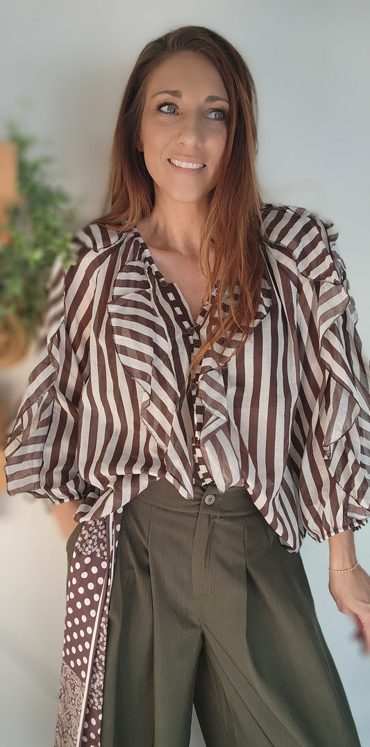 Chemisier volant "Sara" Rayé noisette
