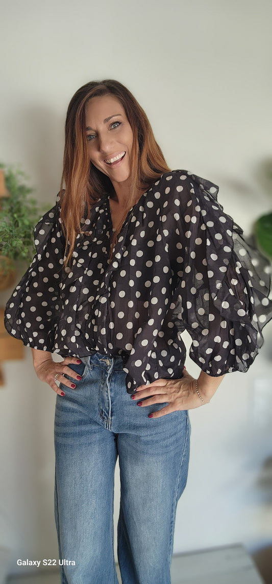 Chemisier volant "Sara" Noir à pois