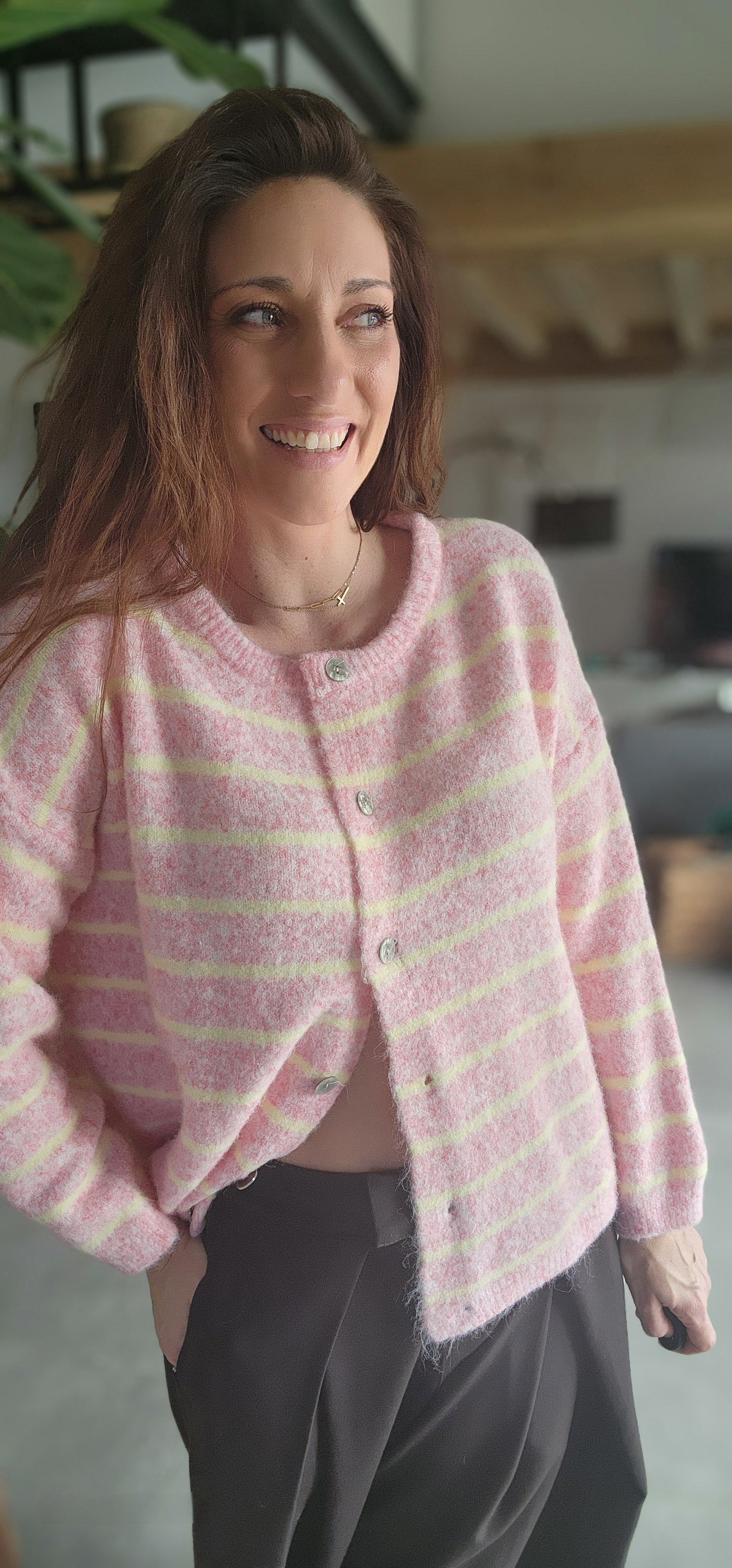 Gilet ALPAPOP Rose rayé jaune