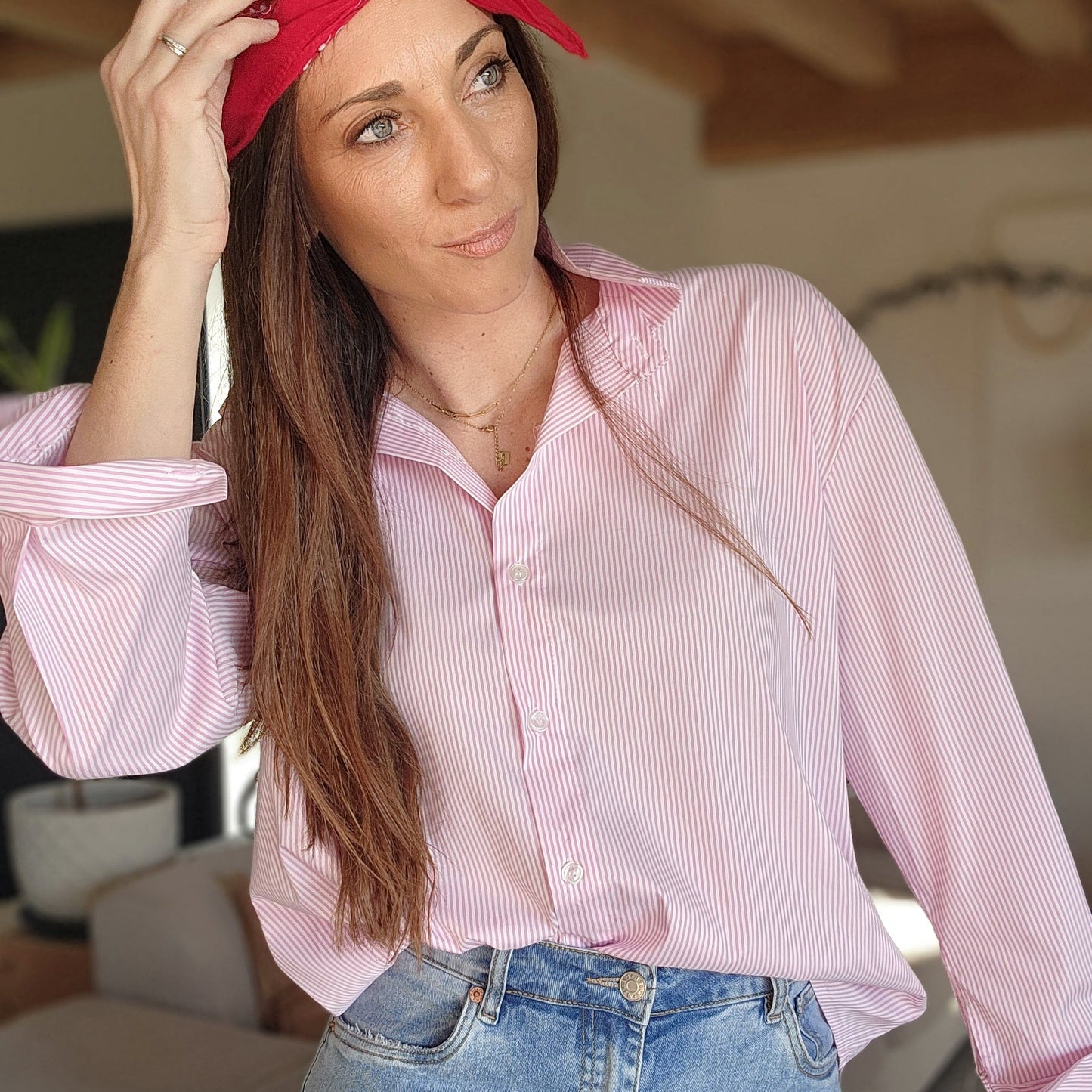 Chemise Cœur Dos Nu rayée Rose/Blanc