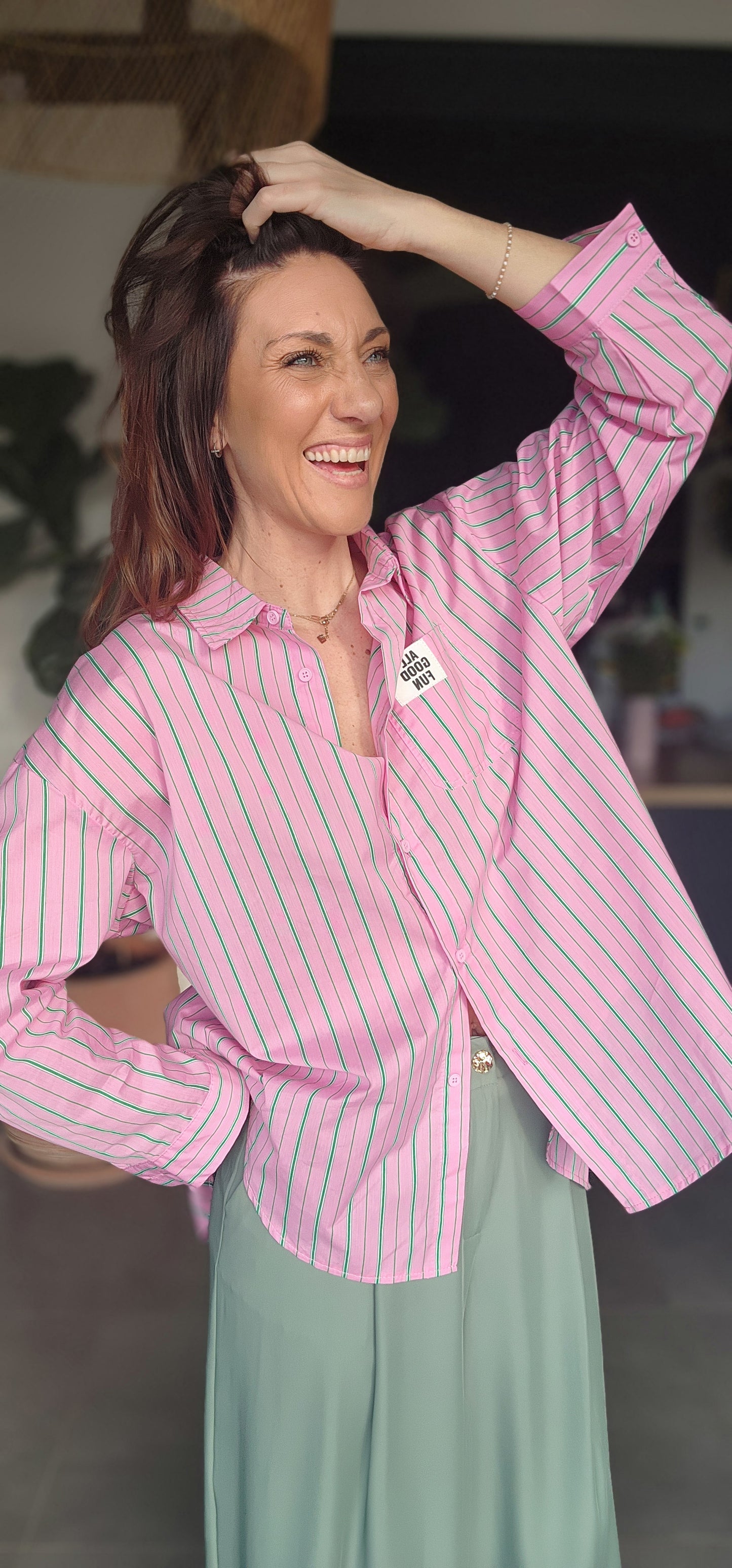 Chemise ISA Rose / Rayée verte