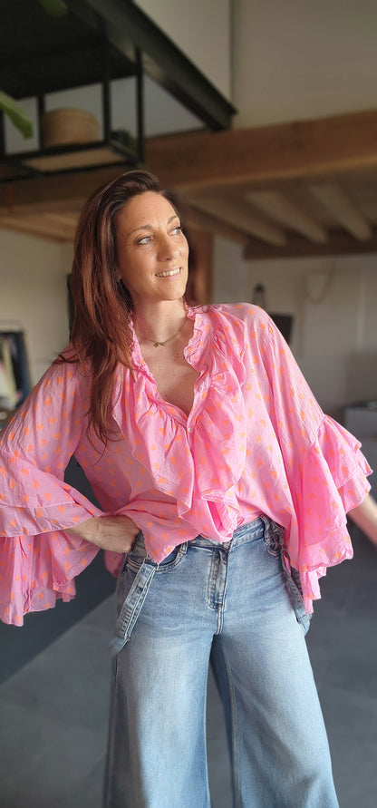 Chemise Volant IBIZA fushia / Cœur orange