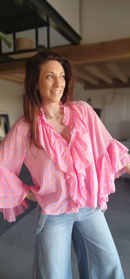 Chemise Volant IBIZA fushia / Cœur orange