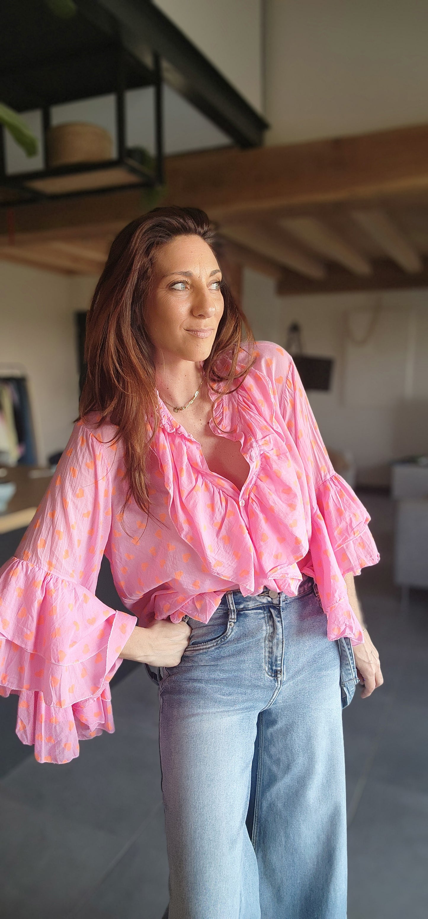 Chemise Volant IBIZA fushia / Cœur orange