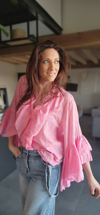 Chemise Volant IBIZA fushia / Cœur orange