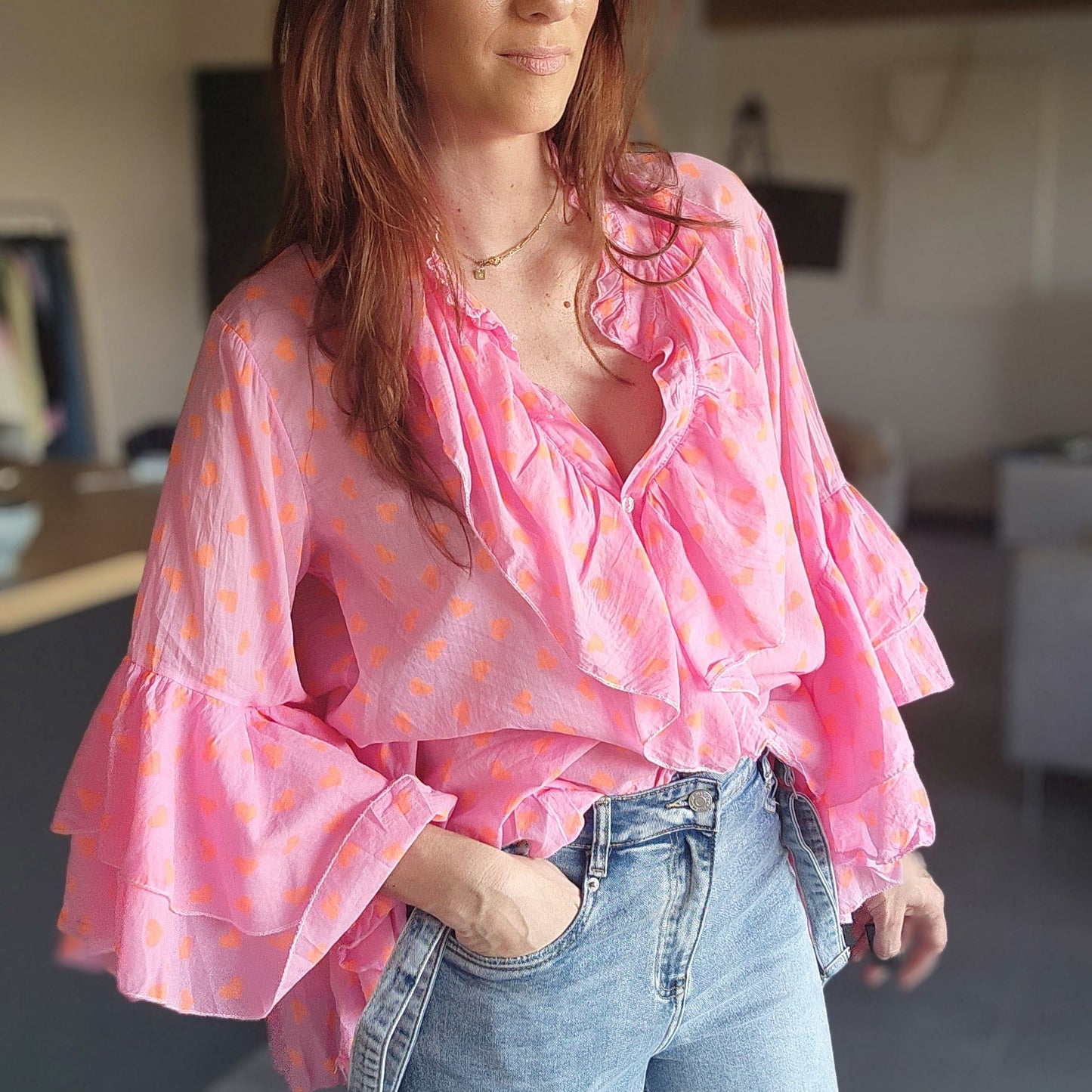 Chemise Volant IBIZA fushia / Cœur orange