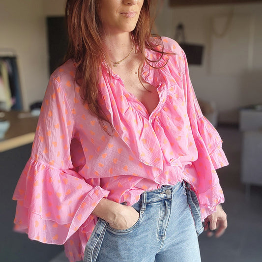 Chemise Volant IBIZA fushia / Cœur orange