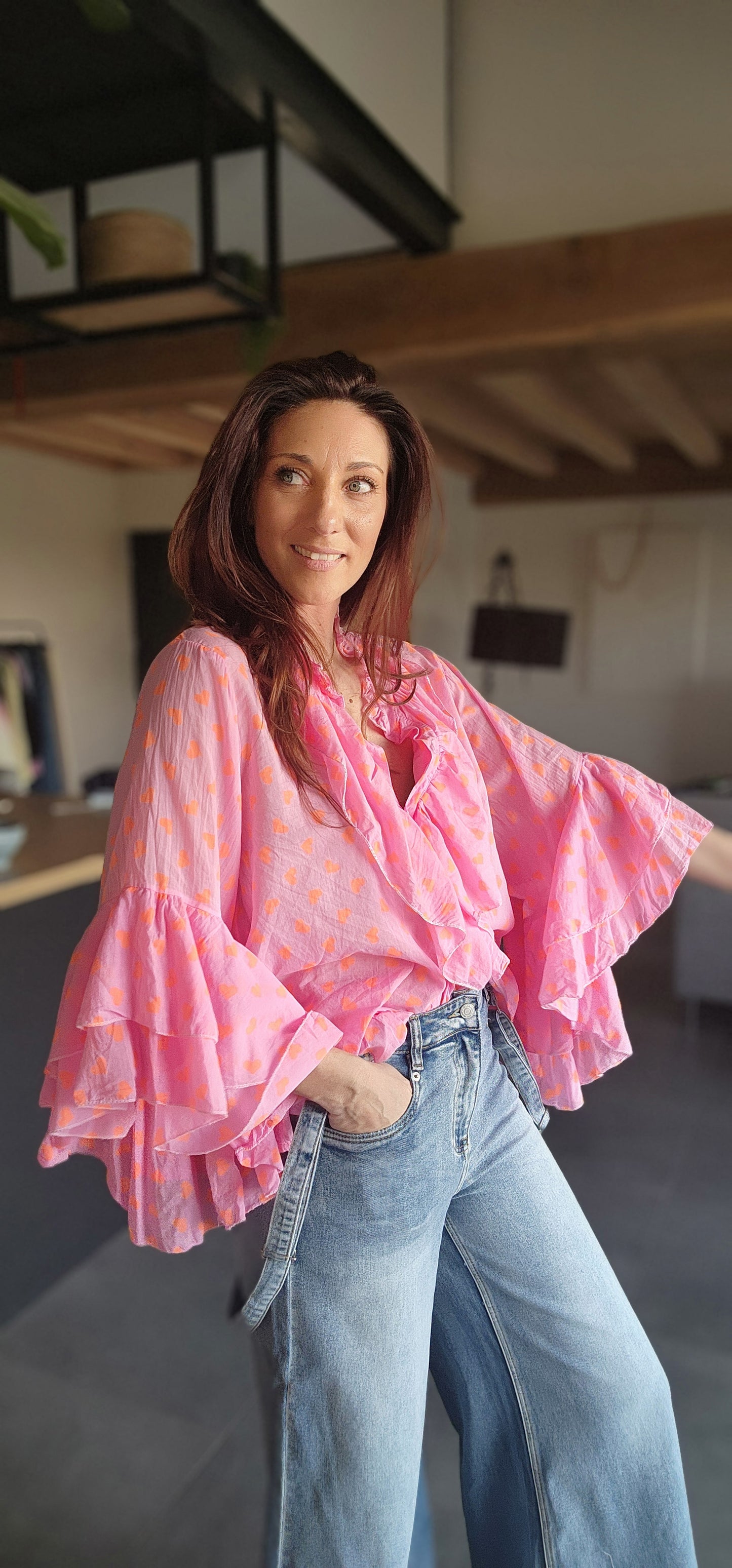 Chemise Volant IBIZA fushia / Cœur orange