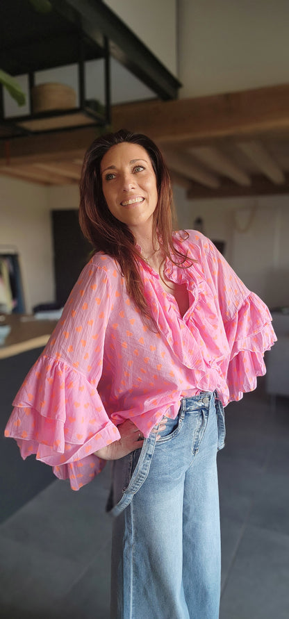 Chemise Volant IBIZA fushia / Cœur orange