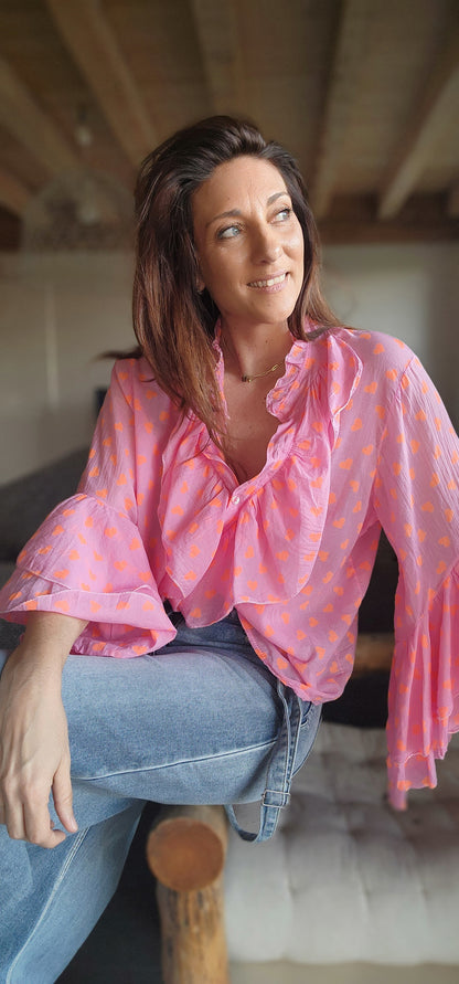 Chemise Volant IBIZA fushia / Cœur orange