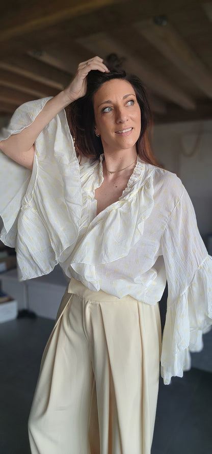 Chemise Volant IBIZA Ivoire / Cœur Jaune Pastel