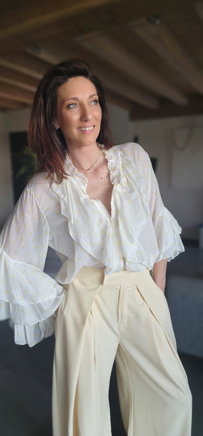 Chemise Volant IBIZA Ivoire / Cœur Jaune Pastel