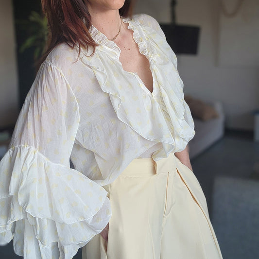 Chemise Volant IBIZA Ivoire / Cœur Jaune Pastel
