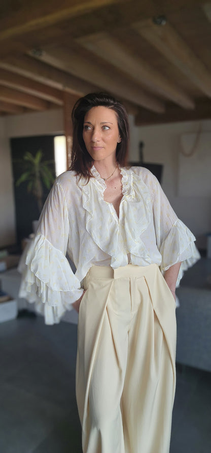 Chemise Volant IBIZA Ivoire / Cœur Jaune Pastel