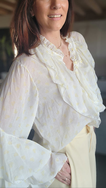 Chemise Volant IBIZA Ivoire / Cœur Jaune Pastel