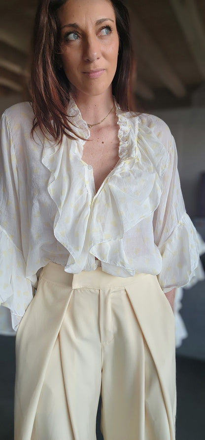 Chemise Volant IBIZA Ivoire / Cœur Jaune Pastel