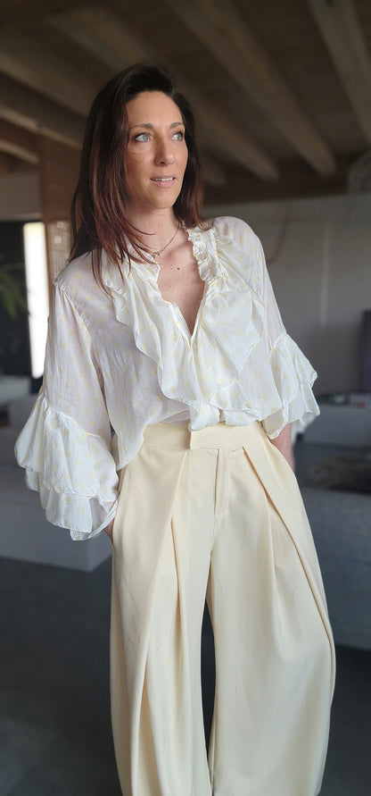 Chemise Volant IBIZA Ivoire / Cœur Jaune Pastel
