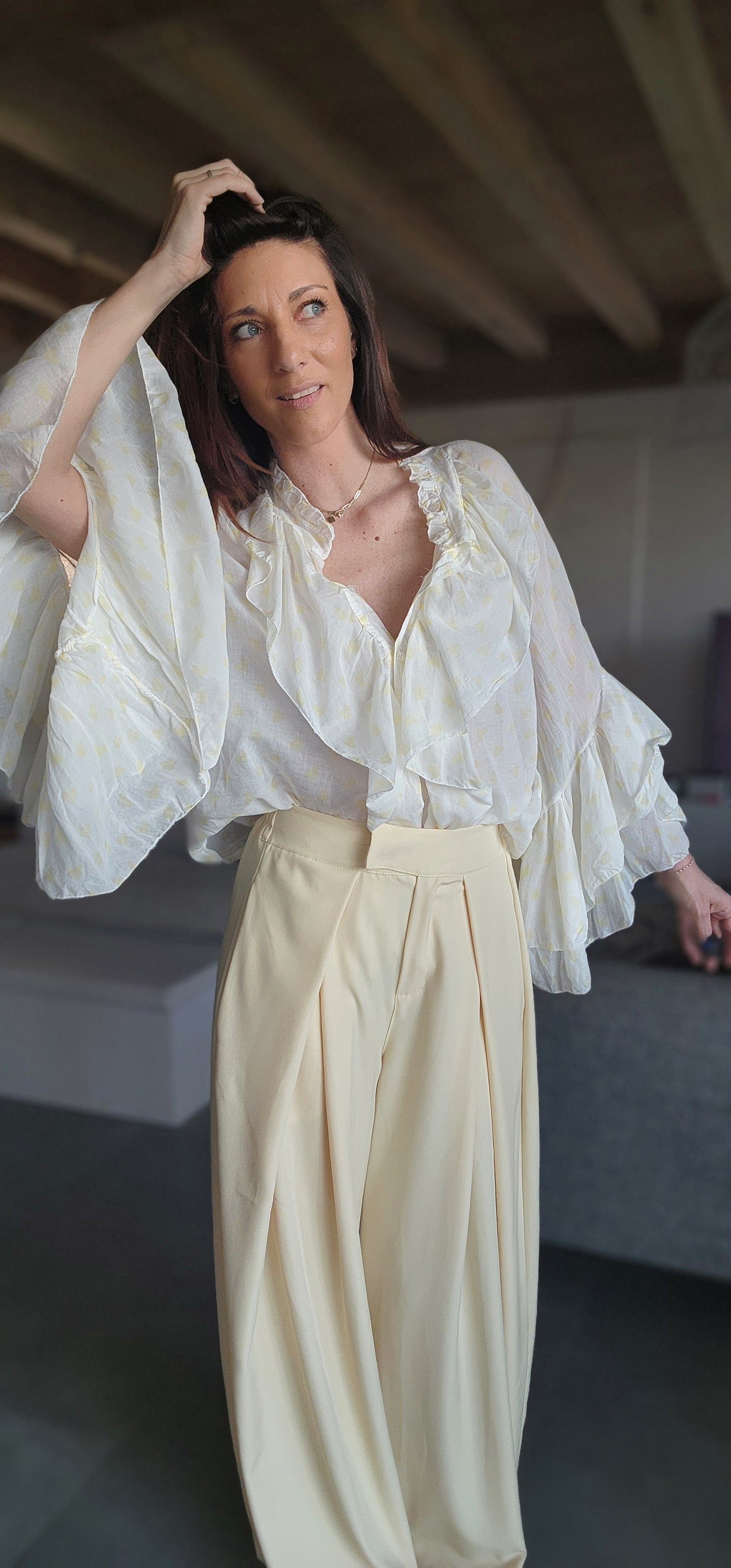 Chemise Volant IBIZA Ivoire / Cœur Jaune Pastel