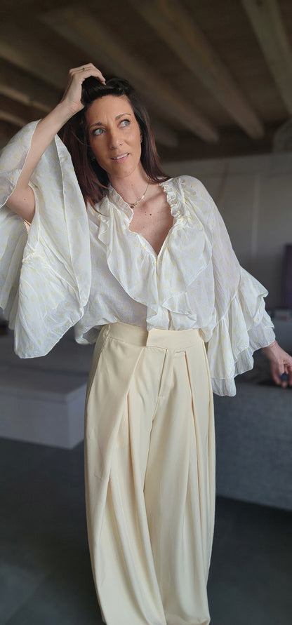 Chemise Volant IBIZA Ivoire / Cœur Jaune Pastel