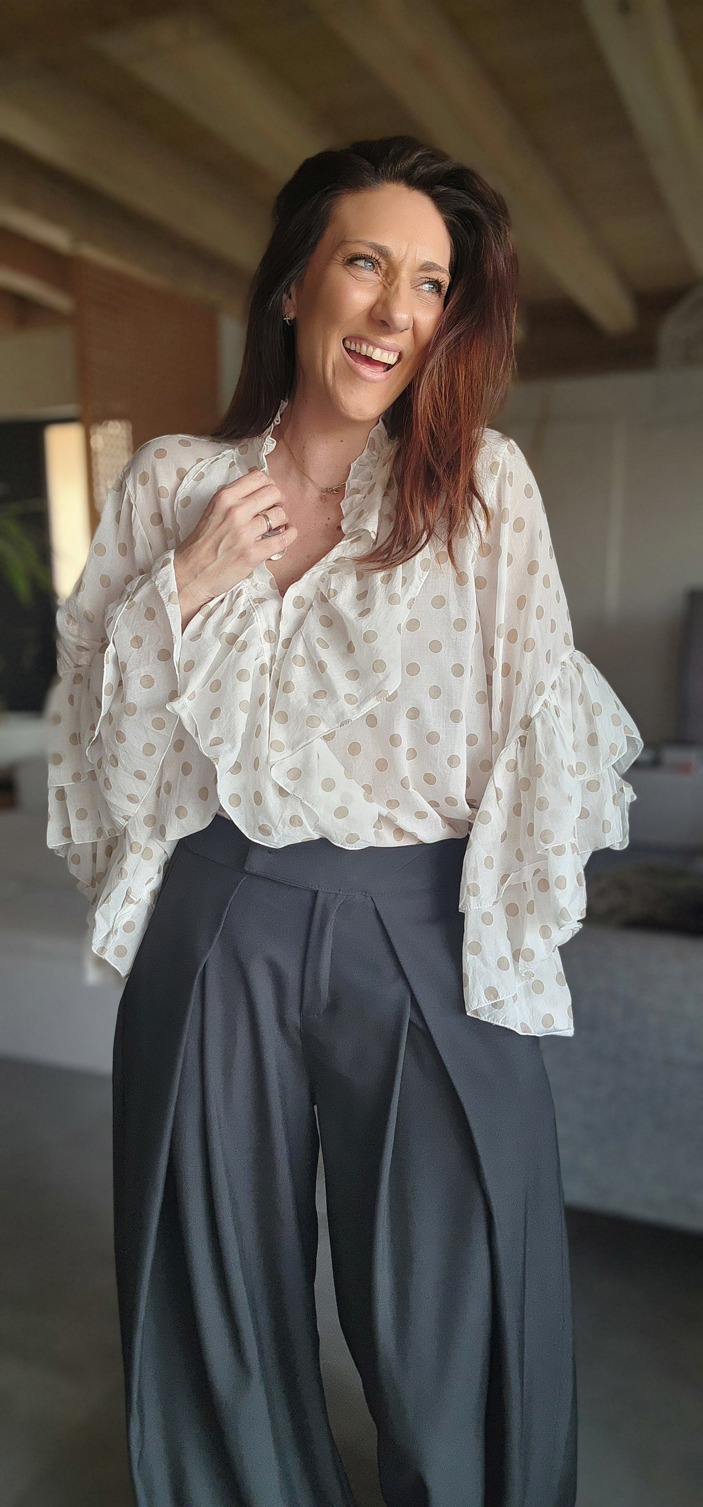 Chemise Volant IBIZA Ivoire / Pois taupe