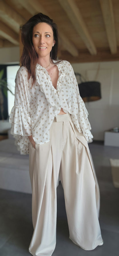 Chemise Volant IBIZA Ivoire / Pois taupe