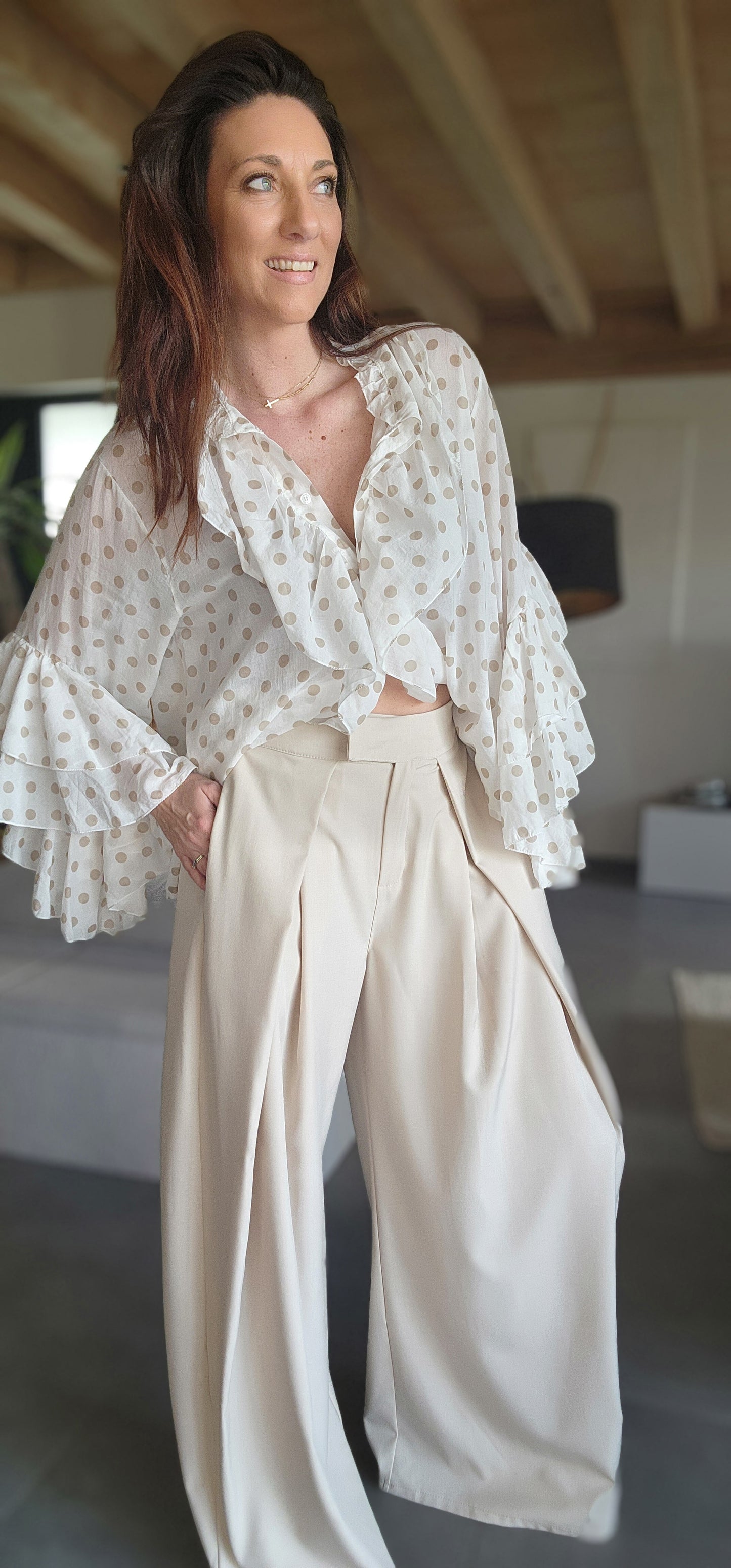 Chemise Volant IBIZA Ivoire / Pois taupe