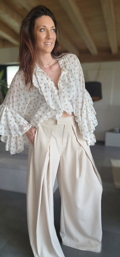 Chemise Volant IBIZA Ivoire / Pois taupe