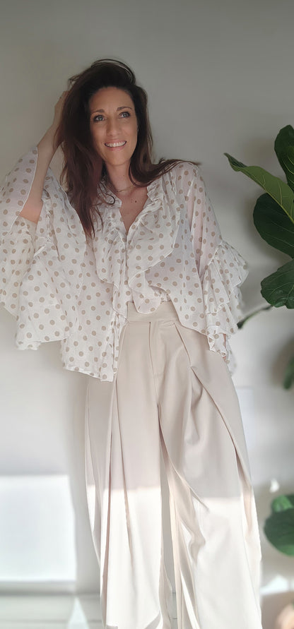 Chemise Volant IBIZA Ivoire / Pois taupe