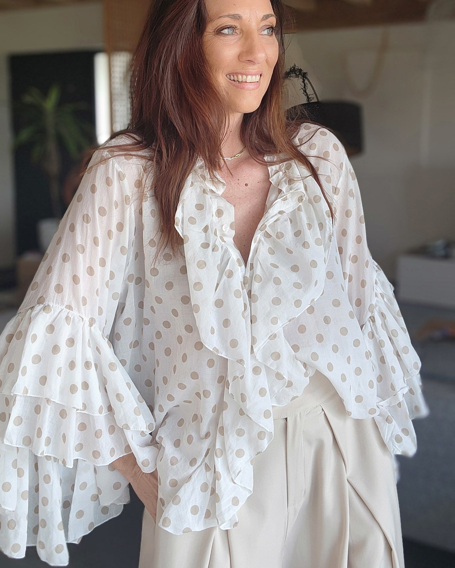 Chemise Volant IBIZA Ivoire / Pois taupe