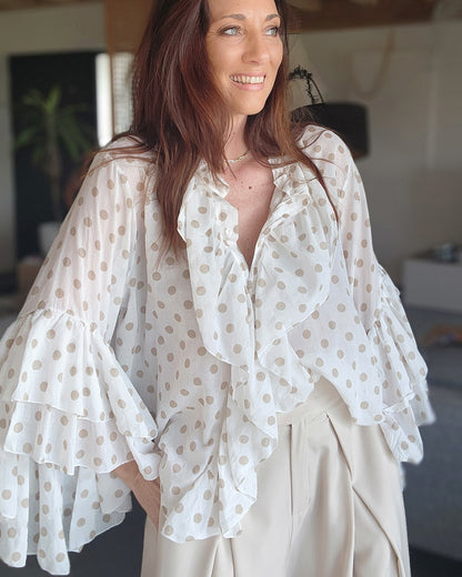 Chemise Volant IBIZA Ivoire / Pois taupe