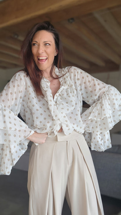 Chemise Volant IBIZA Ivoire / Pois taupe