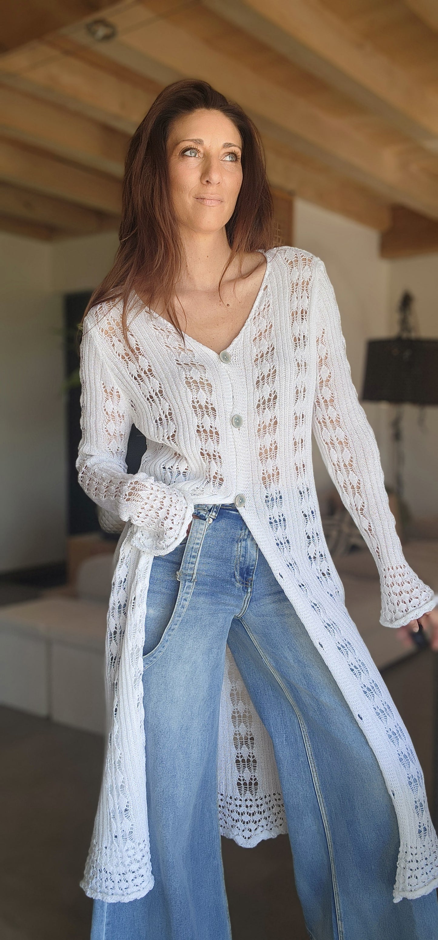 Gilet long / Robe Crochet TULUM Blanc