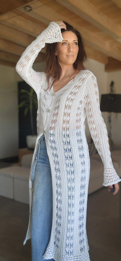 Gilet long / Robe Crochet TULUM Blanc