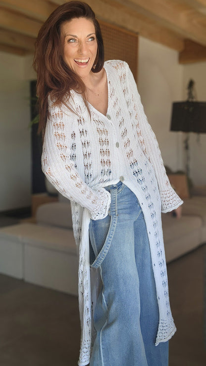 Gilet long / Robe Crochet TULUM Blanc