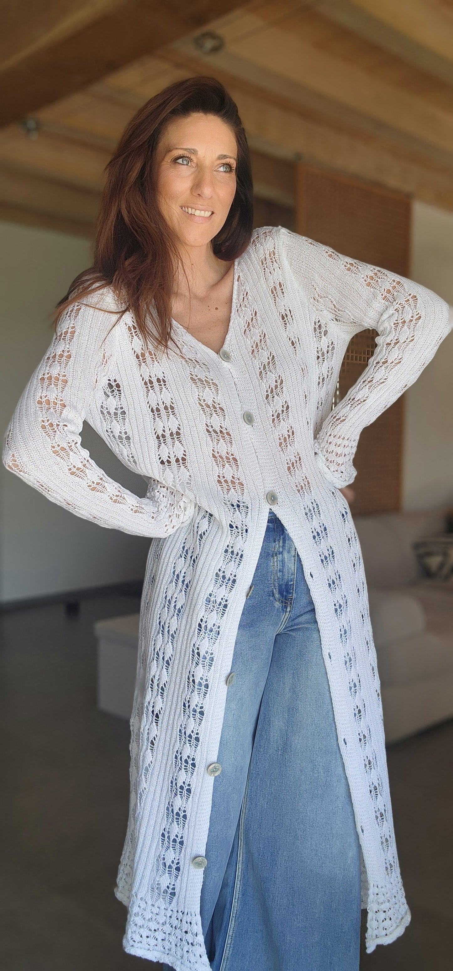 Gilet long / Robe Crochet TULUM Blanc