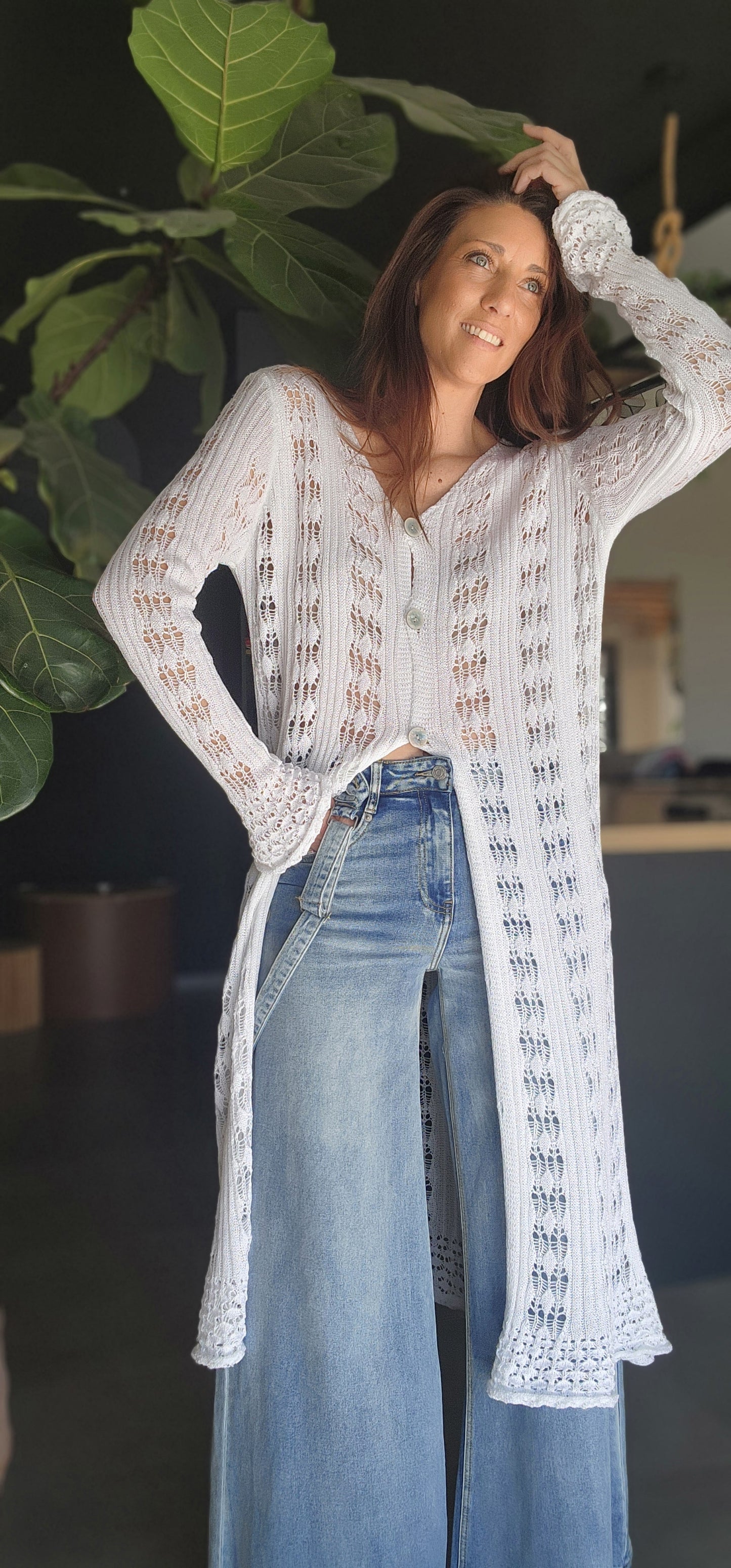 Gilet long / Robe Crochet TULUM Blanc