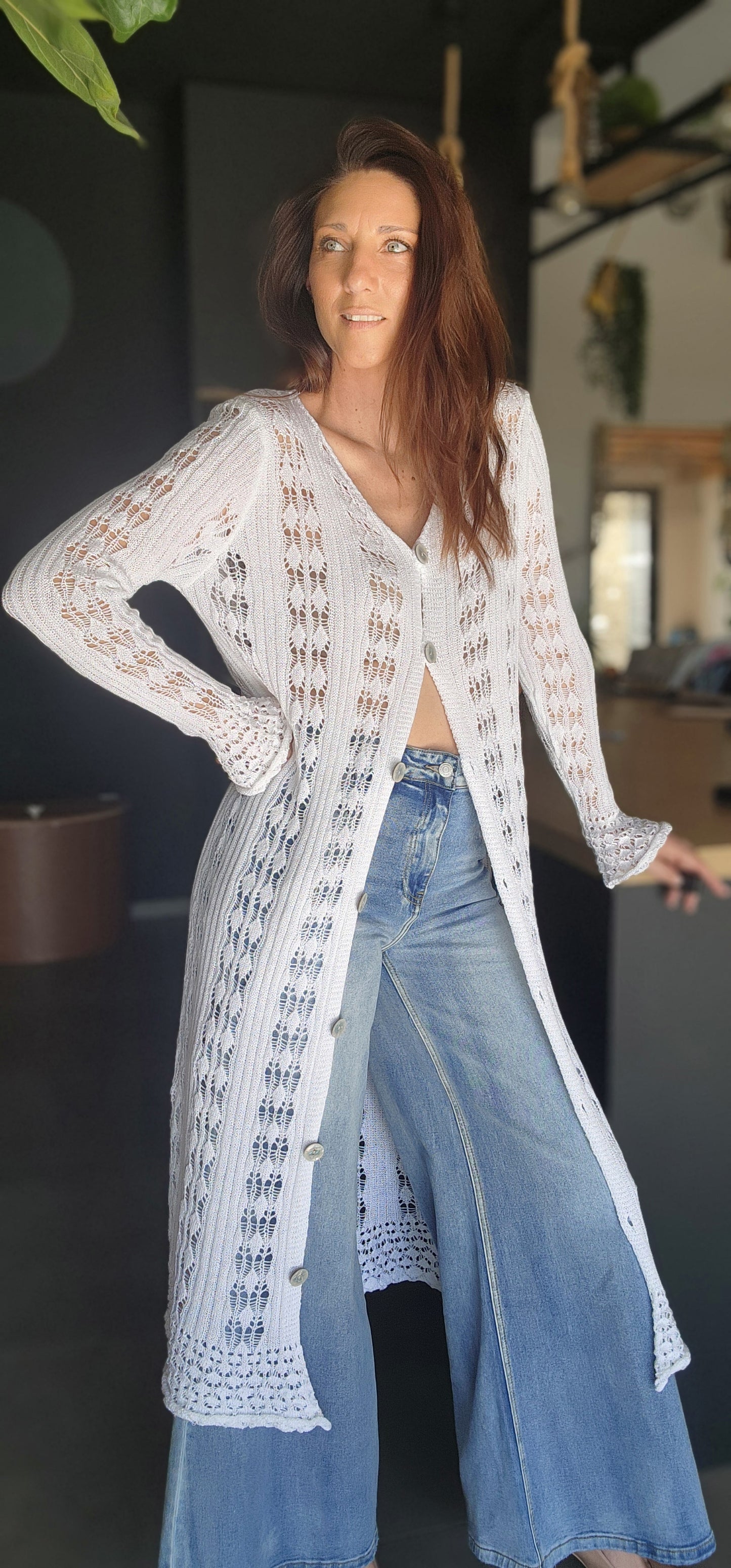 Gilet long / Robe Crochet TULUM Blanc