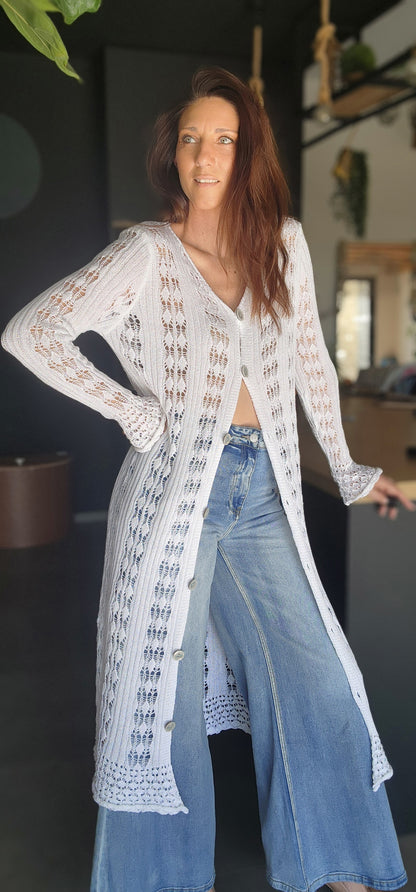 Gilet long / Robe Crochet TULUM Blanc