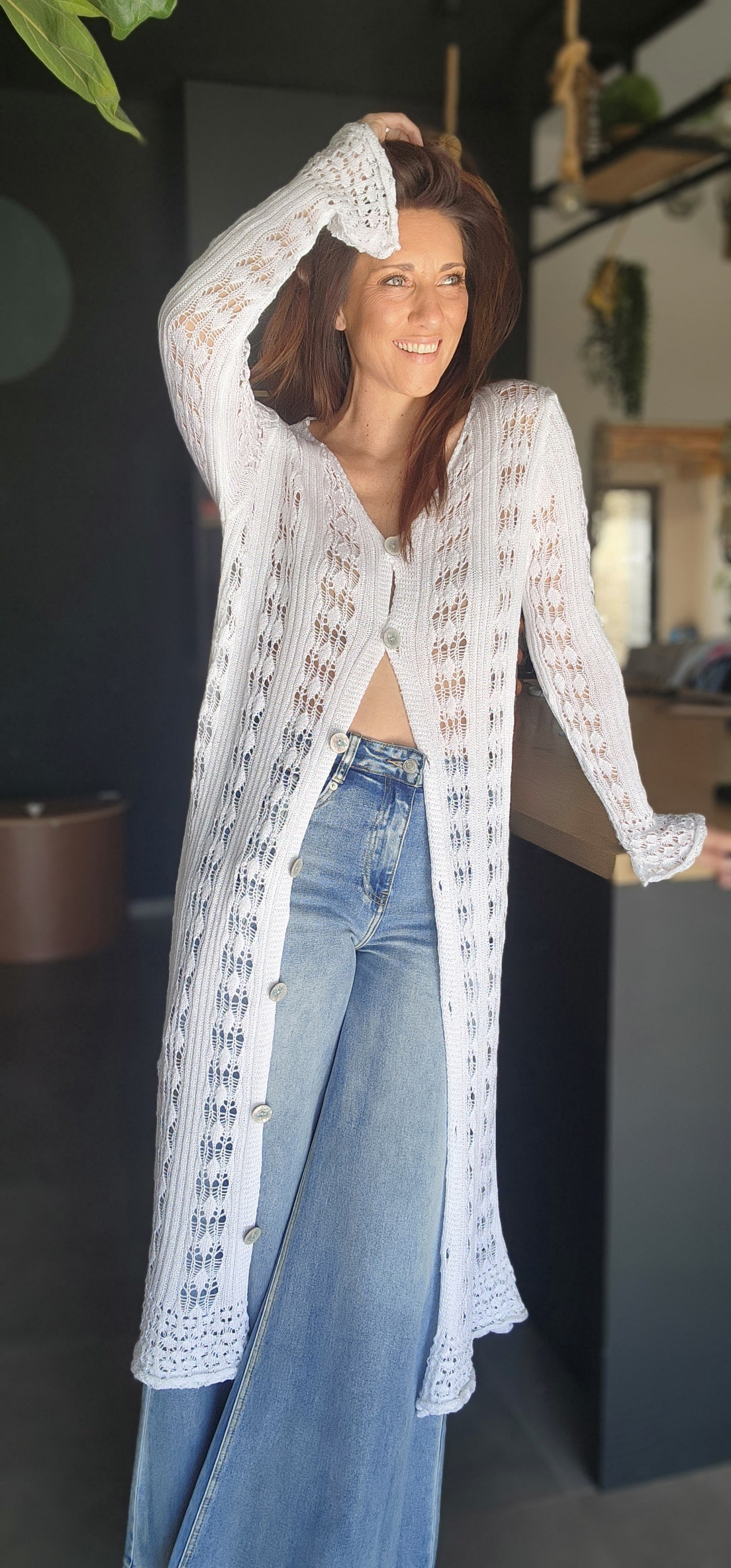 Gilet long / Robe Crochet TULUM Blanc